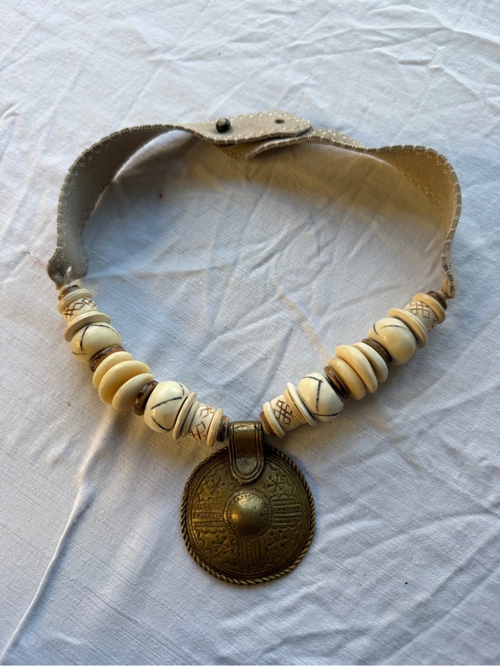 Twine & Twig Necklace Brass Medallion Artisan Beaded Leather Necklace